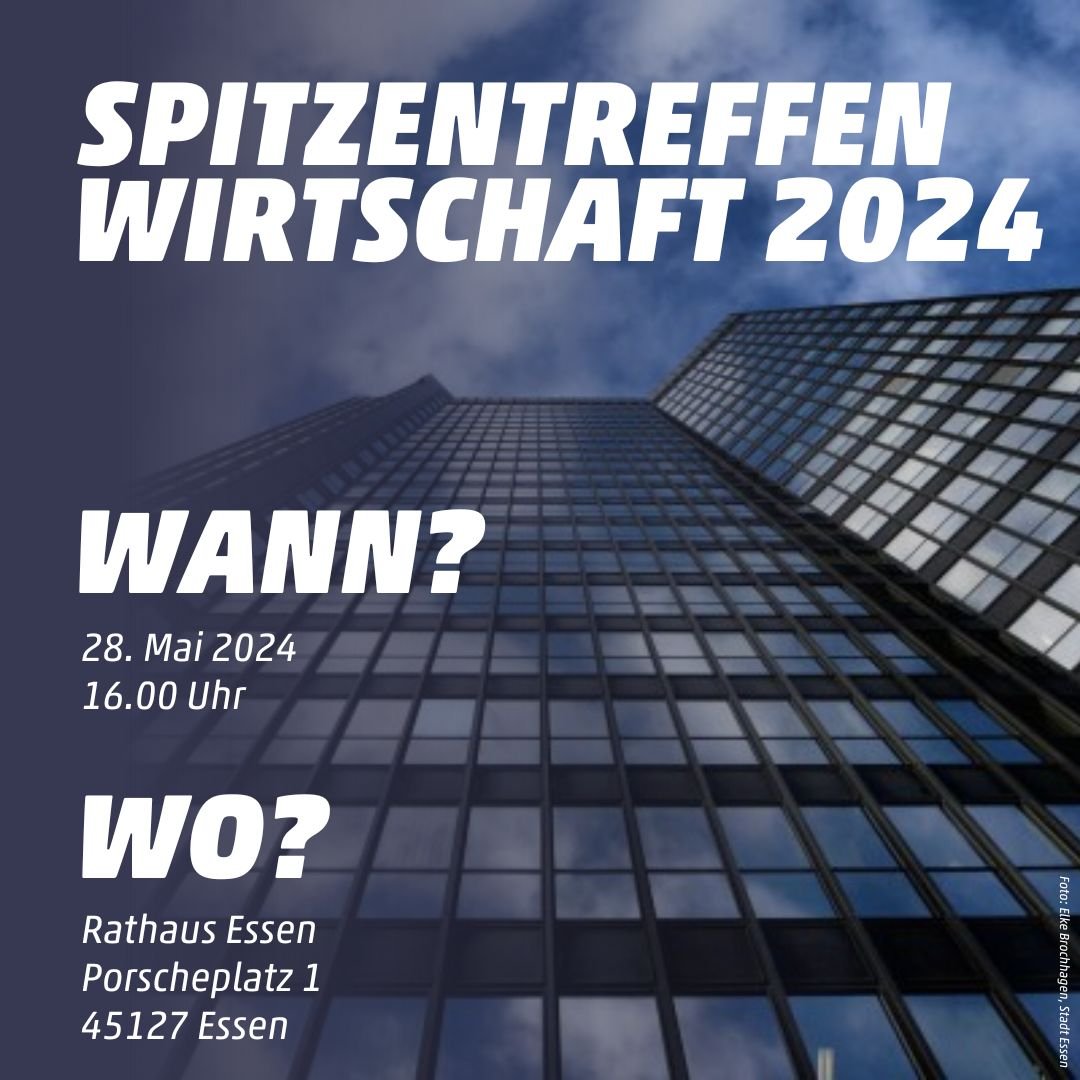 Wir laden gemeinsam mit @Essen_Ruhr Unternehmer/-innen aus #Essen zum 𝗦𝗽𝗶𝘁𝘇𝗲𝗻𝘁𝗿𝗲𝗳𝗳𝗲𝗻 𝗪𝗶𝗿𝘁𝘀𝗰𝗵𝗮𝗳𝘁 ein. Nutzen Sie die Chance, mit OB @TKufen ins Gespräch über Zukunftsstandorte für Unternehmen in Essen zu kommen. Agenda & Anmeldung: veranstaltung.ihk.ruhr/spitzentreffen…