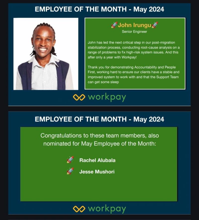 In our ongoing commitment to celebrating excellence and fostering a culture of appreciation, we proudly highlight our Employees of the Month: John Irungu ,Apisi Alubala and Jesse Muchori. Your dedication, hard work, and contributions do not go unnoticed. Keep up the outstanding