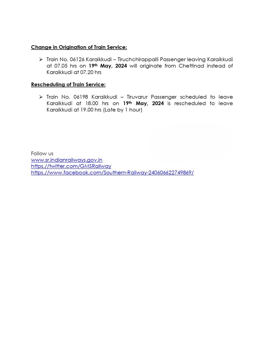 Changes in the pattern of following #TrainServices due to ongoing Disconnection & Traffic Block for facilitating engineering works at #Karaikkudi. Passengers, kindly take note and plan your journey.

#SouthernRailway #RailwayUpdate #RailwayAlert #TrainTravel #TravelVlog