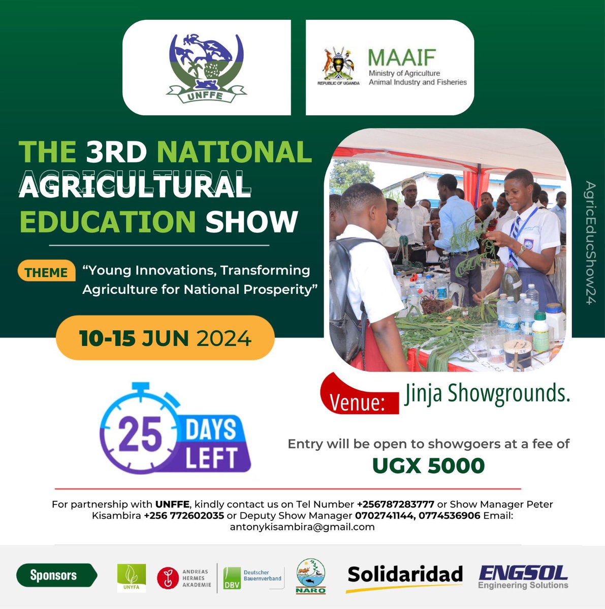 One way to boost agriculture in this country is attracting the youths both in school going and those out of school.
Let's bring them at Jinja show grounds.
10-15th June.
#AgricEducShow24