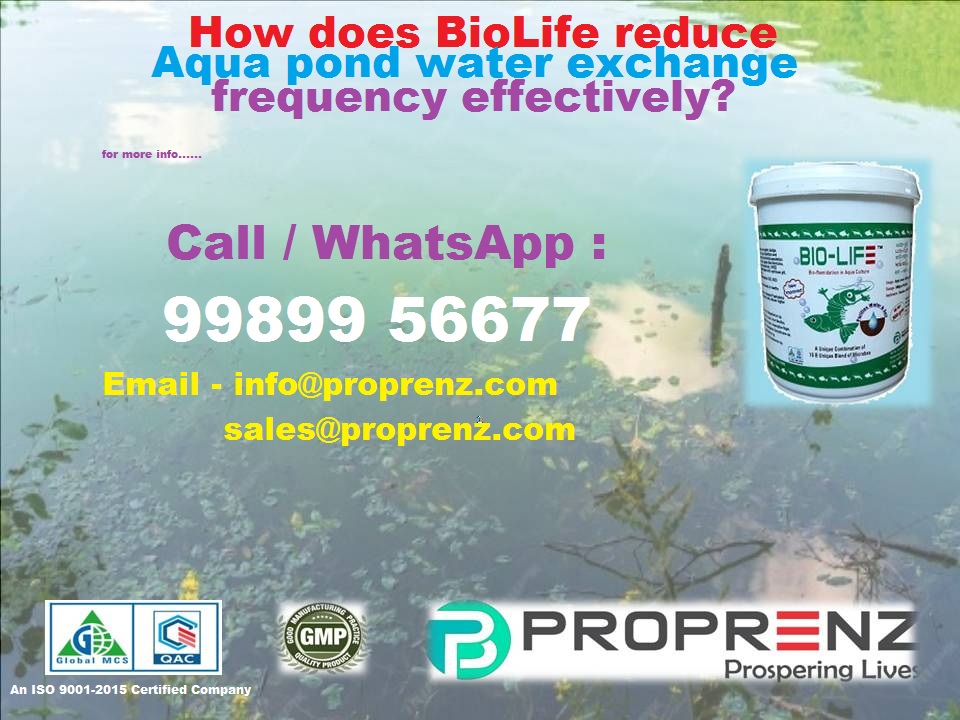 How does BioLife reduce pond water exchange frequency effectively ?
BioLife reduces pond water exchange frequency by decomposing organic sludge, promoting fish/shrimp growth, &amp; enhancing oxygen levels, resulting in cleaner, healthier water without the need for frequent exchanges