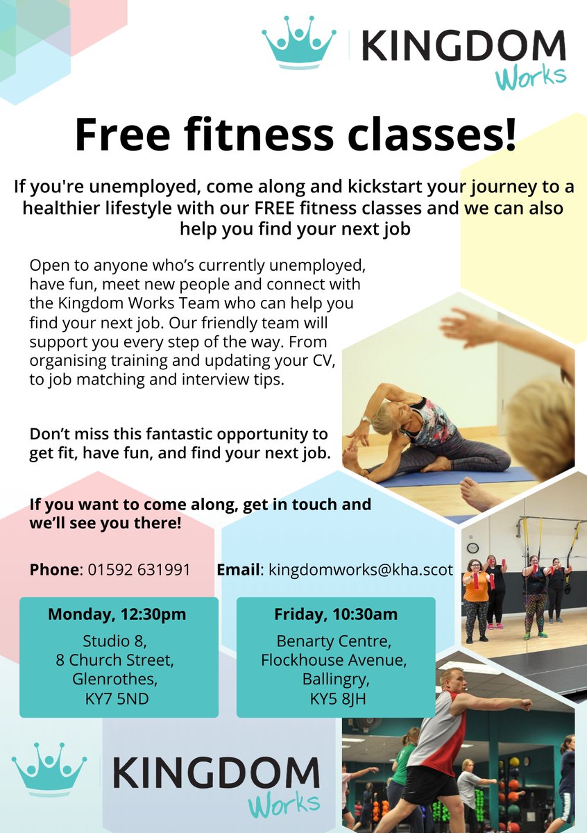 If you're unemployed, come along and kickstart your journey to a healthier lifestyle with our FREE fitness classes and Kingdom Works can also help you find your next job.

Our next class is on Friday at 10.30am, Benarty Centre, Ballingry