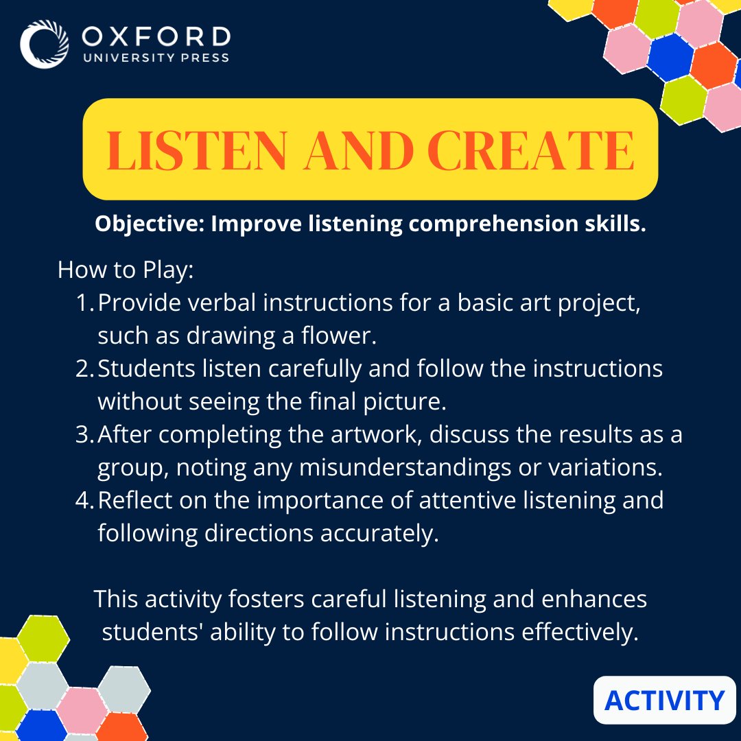 OUPELTGlobal's tweet image. 👂 Unlock the power of listening with our activity! Perfect for any classroom setting, this activity fosters attentiveness and accuracy in following directions. 

#ELT #Activity #LessonPlan