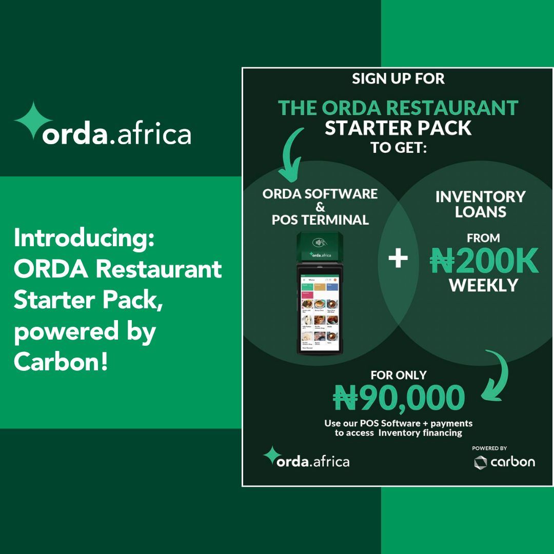 Struggling to secure capital for your restaurant in Nigeria? You're not alone. Many banks lack the understanding or require unreachable collateral.
Introducing: ORDA Restaurant Starter Pack, powered by Carbon!

#OrdaAfrica #pointofsale #africanbusiness #africantech