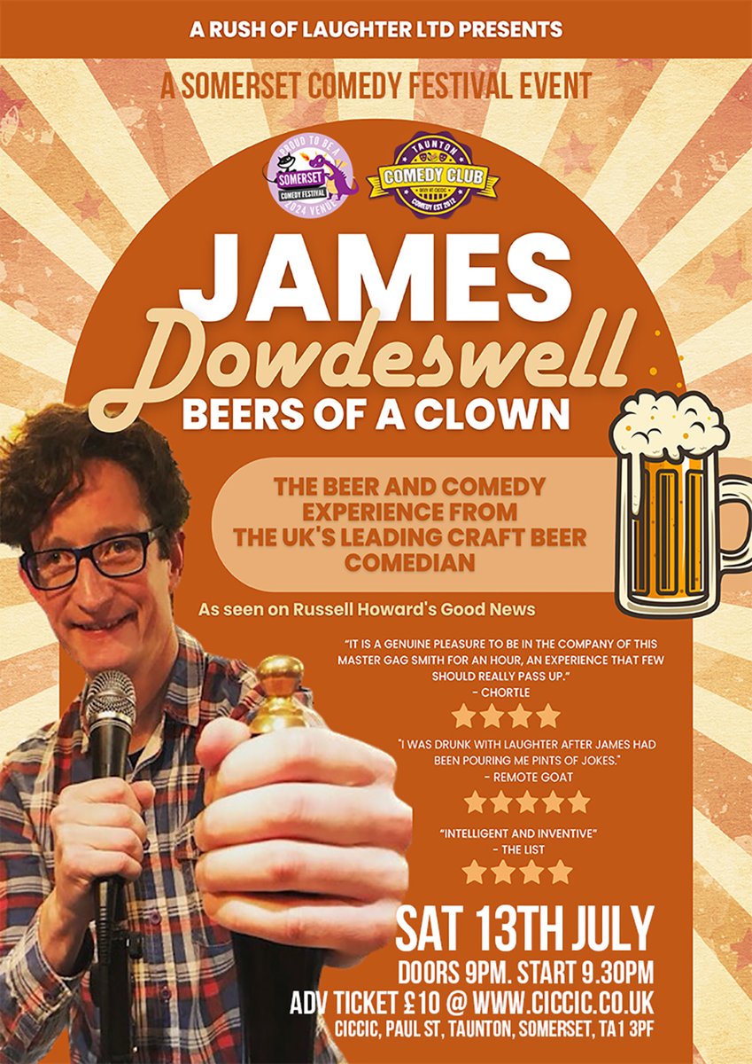 Much more than a pint of comedy crafted by the UK's leading craft beer comedian!!🍻😂 This is a show that will appeal to many and is returning back home to Somerset, sharing James's passion for the funny side of Beer. #comedy #JamesDowdeswell somersetcomedyfestival.co.uk/whats-on/james…