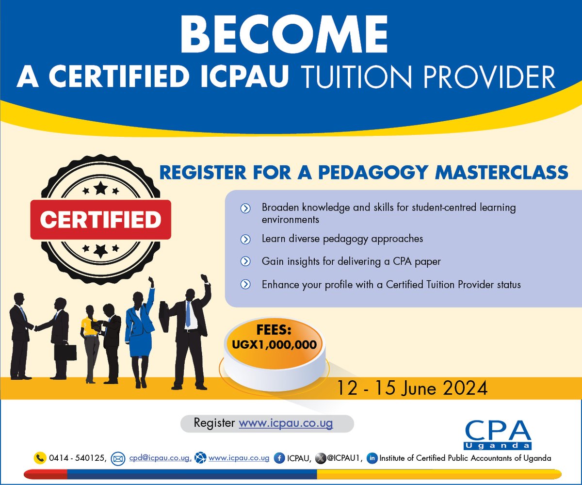ICPAU1's tweet photo. Calling all Tuition Providers!
Elevate your skills and expand your offerings with our comprehensive Masterclass covering all CPA and CTA subjects.
Secure your spot now: https://t.co/zmT0Eyu3kF
#ICPAUTOTMasterclass
#WeCreateImpact https://t.co/RljLQPj0Oo