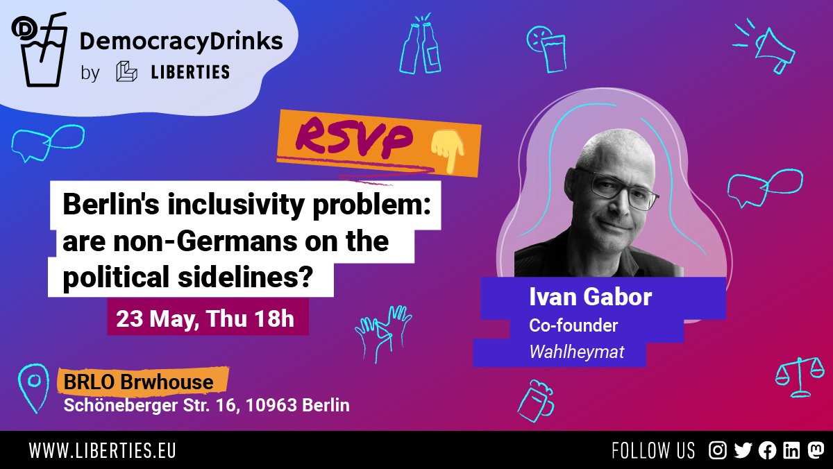 With the AfD on the rise, we've invited Ivan Gabor of Wahlheymat to discuss how to politically engage Berlin's non-German population. 📍 BRLO Brwhouse, Schöneberger Str. 16, 10963 Berlin 📅 When? 18 - 20, Thurs 23rd May RSVP now on Eventbrite ➡️ ddmay2024.eventbrite.com
