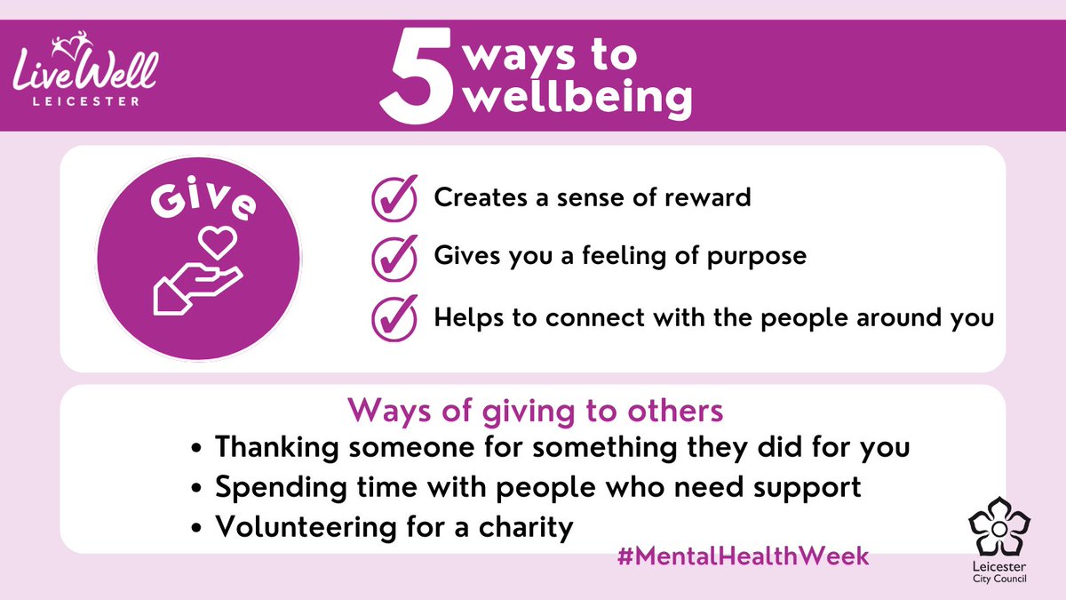Giving to others can really help our mental wellbeing and make us feel worthy and active within our communities. You could donate to charity or volunteer at a local group. For #Volunteering opportunities in #Leicester👇 ow.ly/W7Tq50RC2lJ #MentalHealthWeek