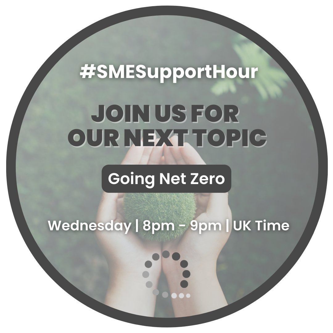 Coming up next week, we're chatting all about... 🌏 Going #NetZero 🌏 What has your business done to implement changes? Suggested by @SevernOffice 🗓 Wednesday 22nd May 🕗 8:00pm - 9:00pm UK Time 🗣 Network & Chat #SMESupportHour