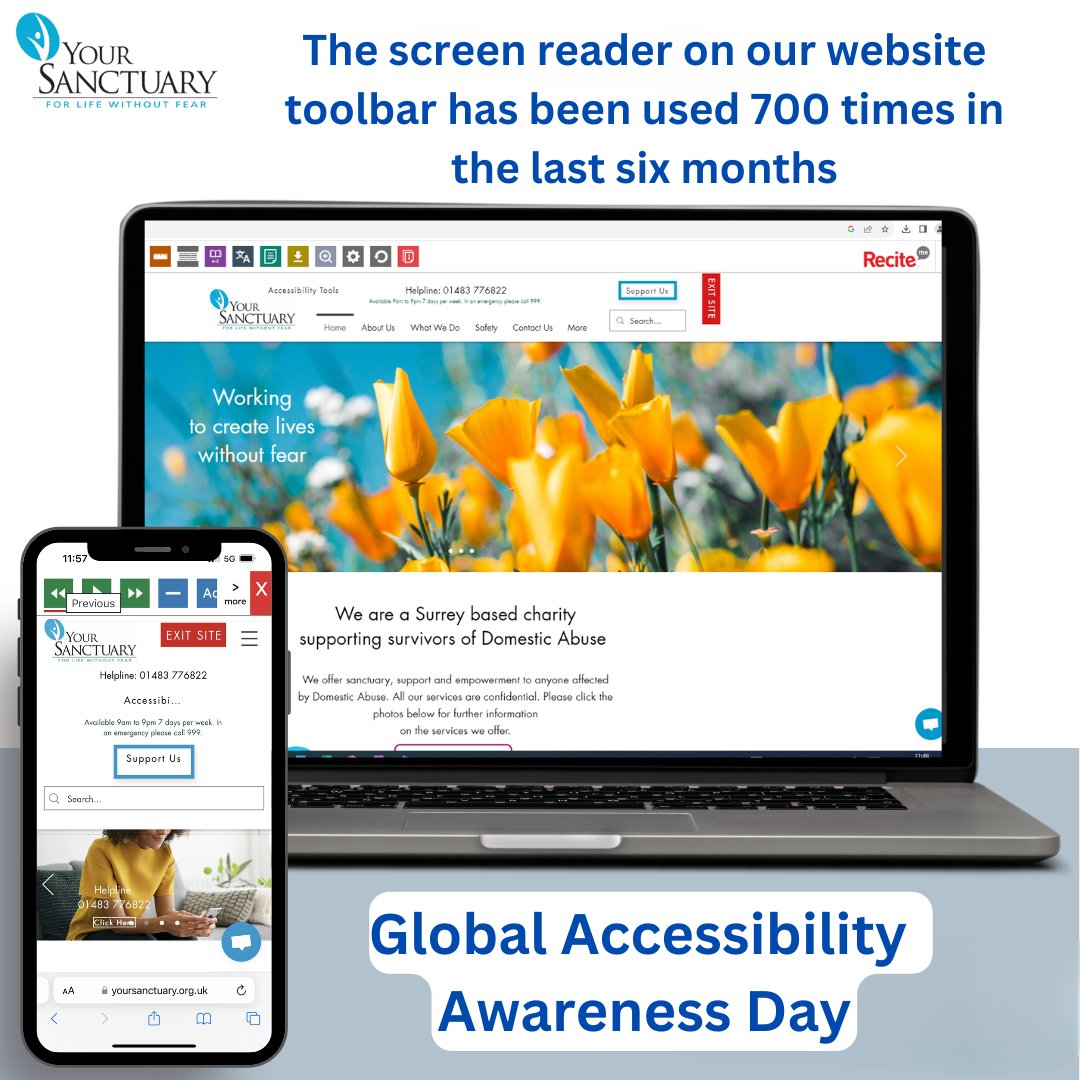 Around 24% of people in the UK have a disability that can make accessing online information challenging. The @ReciteMe Accessible Toolbar on our website ensures information on our services is accessible to all online. #GlobalAccessibiltyAwarenessDay #DomesticAbuseCharity