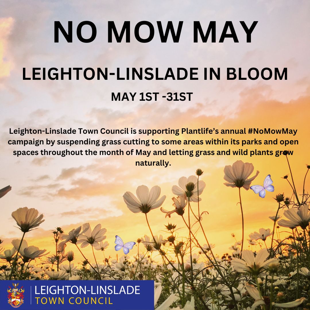 In 2024 Leighton-Linslade Town Council is supporting Plant life's annual #NoMowMay campaign by suspending grass cutting to some areas within its parks and open spaces throughout the month of May and letting grass and wild plants grow naturally. #NOMOWMAY