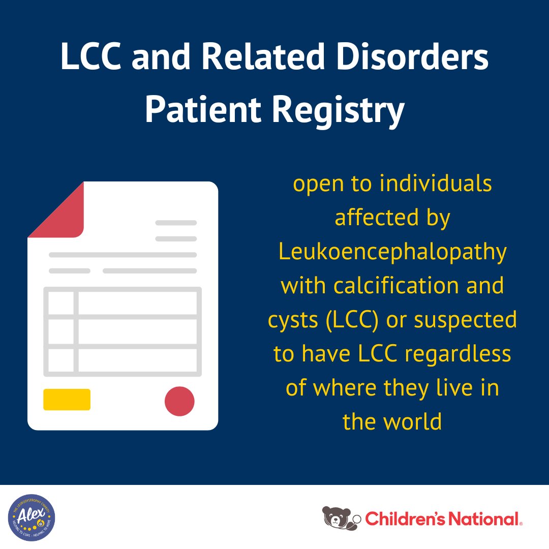 Researchers at the Myelin Disorders Program at the Children’s National Hospital in Washington are running a study for those affected by Leukoencephalopathy with calcification and cysts (LCC) More information and study referral form: alextlc.org/news/lcc-patie… #LCC #leukodystrophy