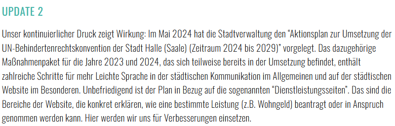 Was wurde eigentlich aus... unserem Antrag zur Verwaltungskommunikation in Leichter Sprache? 
Mit dem Teilhabeaktionsplan - heute Thema im Gleichstellungsausschuss - zieht #LeichteSprache in viele Ämter ein. #StadtratHalle #MitGestaltet
Mehr Details: mitbuerger-fraktion-halle.de/verwaltungskom…