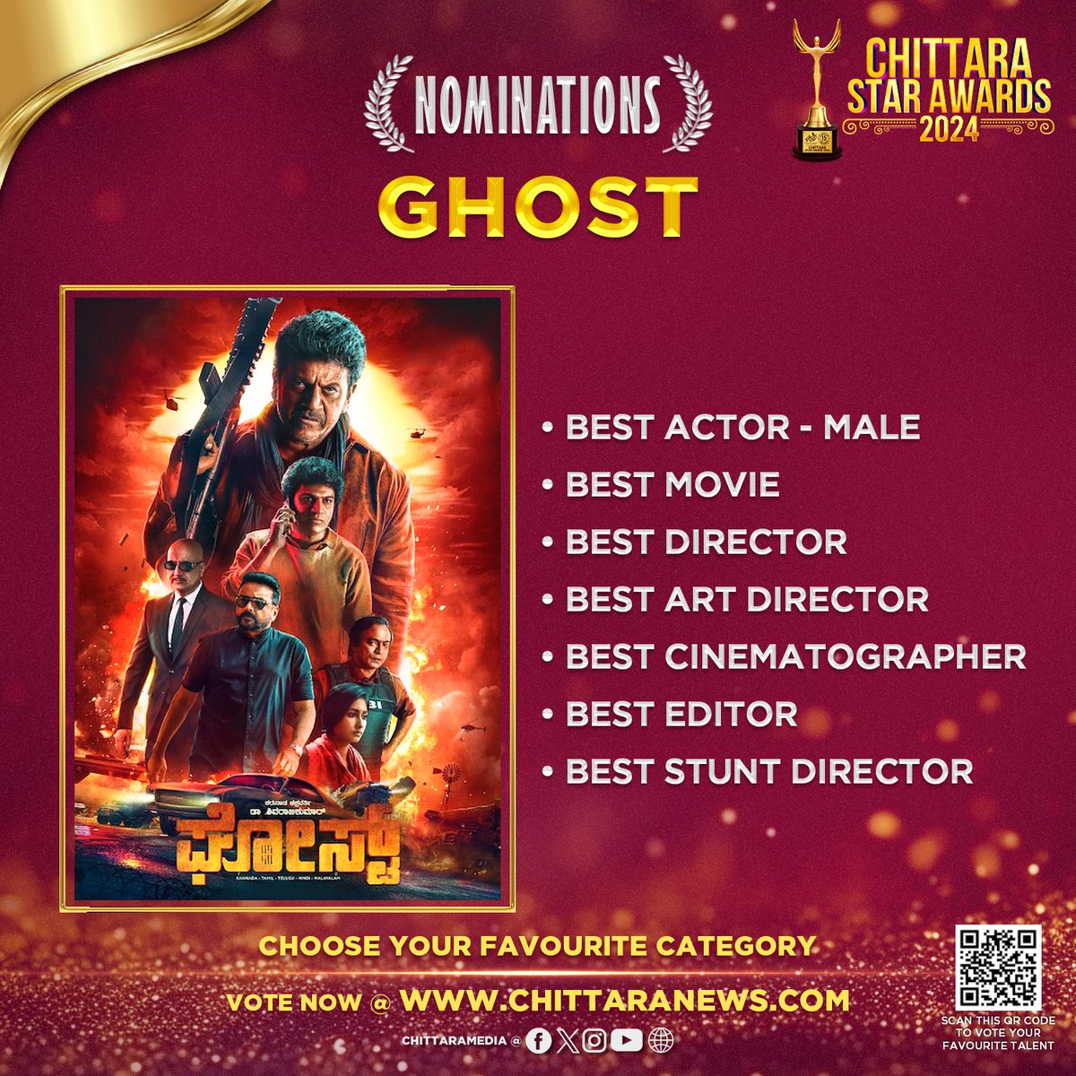 #Ghost 7 Nominations at #ChittaraStarAwards2024 Global Voting is Now Live : awards.chittaranews.com/poll/780/ Vote now and show your love for Team #Ghost #ChittaraStarAwards2024 #CSA2024