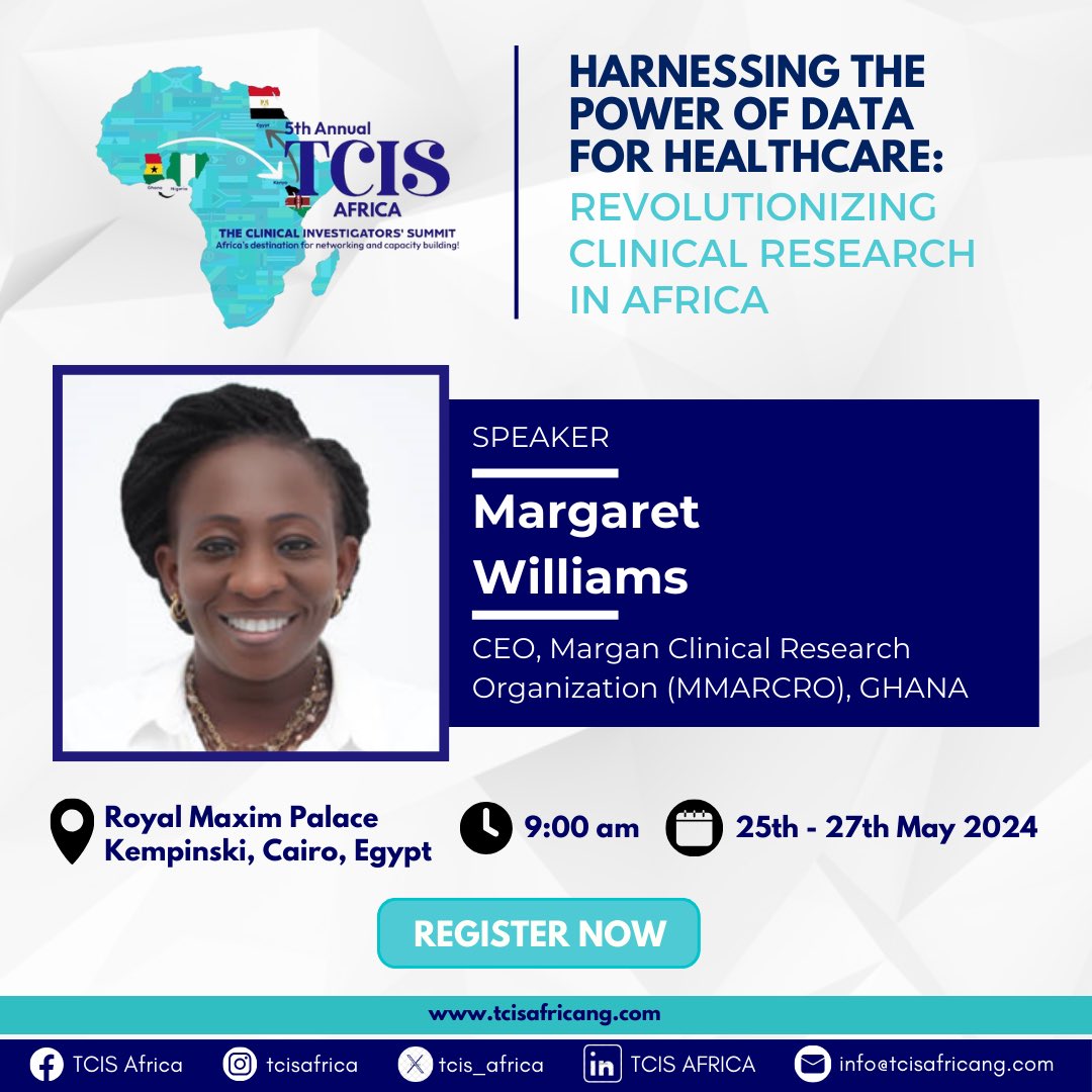 Get ready to gain valuable insights from @MargaretWilliams at The Clinical Investigators Summit Africa 2024!📣

Margaret Willams is the Founder and CEO of Margan Clinical Research Organization, @margancro , based in Accra Ghana and Freetown Sierra Leone.