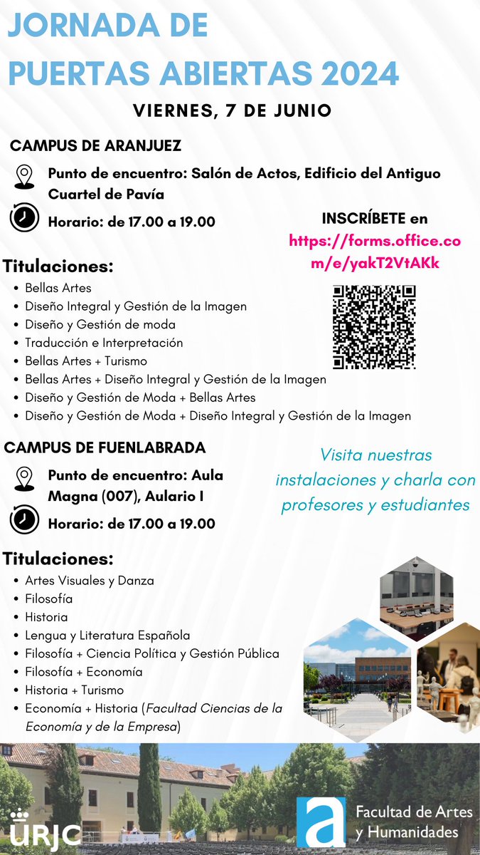 📣 ¡JORNADA DE PUERTAS ABIERTAS 2024! 🗓️7 de junio 📍Campus deFuenlabrada/ Campus de Aranjuez ⏰ 17:00-19.00h 🚨¡Ven a conocer nuestras titulaciones y nuestros campus! ✅Inscripciones: urjc.es/fah/actualidad… @AytoFuenlabrada @Ayto_Aranjuez @URJCestudiantes #YoSoyURJC