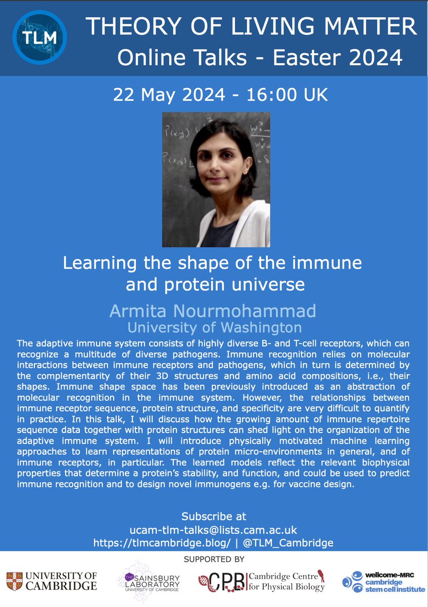 🚨 @TLM_Cambridge Wed 22/05 | 16:00 UK - Online Seminar 🚨 'Learning the shape of the immune and protein universe' by Armita Nourmohammad @TheArmita Please RT & to attend online please register to our 📧: lists.cam.ac.uk/sympa/subscrib…