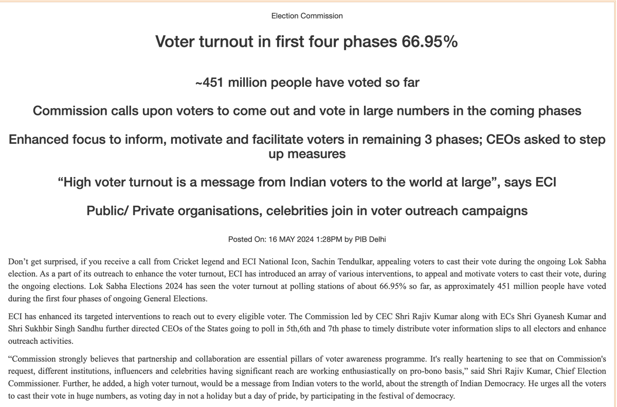 '~451 million have voted so far': @ECISVEEP This is the closest they have come to giving numbers which they should furnish, for each constituency after each phase. Why isn't this happening, still? If you knwo the total (~451 m) surely, you know the breakup?