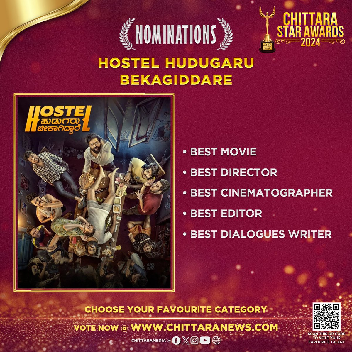 #HostelHudugaruBekagiddare 5 Nominations at #ChittaraStarAwards2024 Global Voting is Now Live : awards.chittaranews.com/poll/780/ Vote now and show your love for Team #HostelHudugaruBekagiddare #ChittaraStarAwards2024 #CSA2024