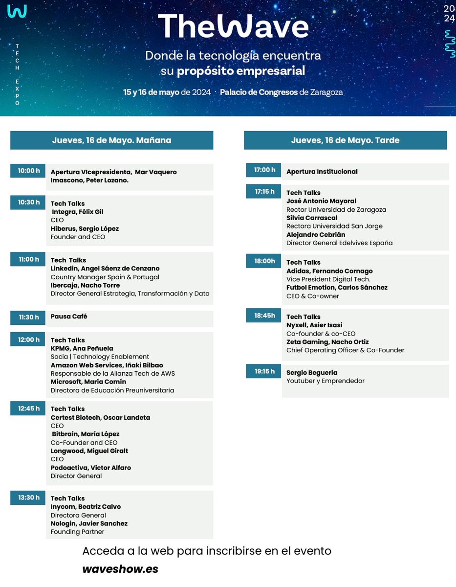 #16mayo2024 Inaugura <a href="/MarVaqueroPeria/">Mar Vaquero Perianez</a> y ponencias (tech talks) en <a href="/TheWave_es/">The Wave Tech Expo</a> de <a href="/imascono/">Imascono</a> <a href="/Integro/">Integro, now with Innovative Discovery</a> <a href="/Hiberus/">hiberus</a> <a href="/LinkedIn/">LinkedIn</a> <a href="/ibercaja/">Ibercaja</a> y asiste <a href="/aibrah/">Alejandro Ibrahim Perera</a> <a href="/aeropuerteruel/">Aeropuerto de Teruel, vuela la innovación</a>
