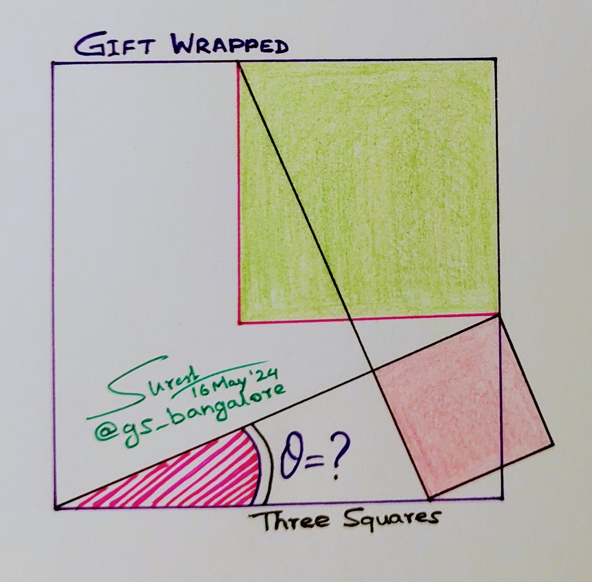 Gift wrapped.

Three squares in a configuration. Angle theta = ?

#square #triangle #geometry #geometrique #angle #puzzle #competition #thinking #logic #reasoning #today #riddle #test #mathteachers #math #teacher #mathematics #mathisfun #Algebra #highschool #students #learning