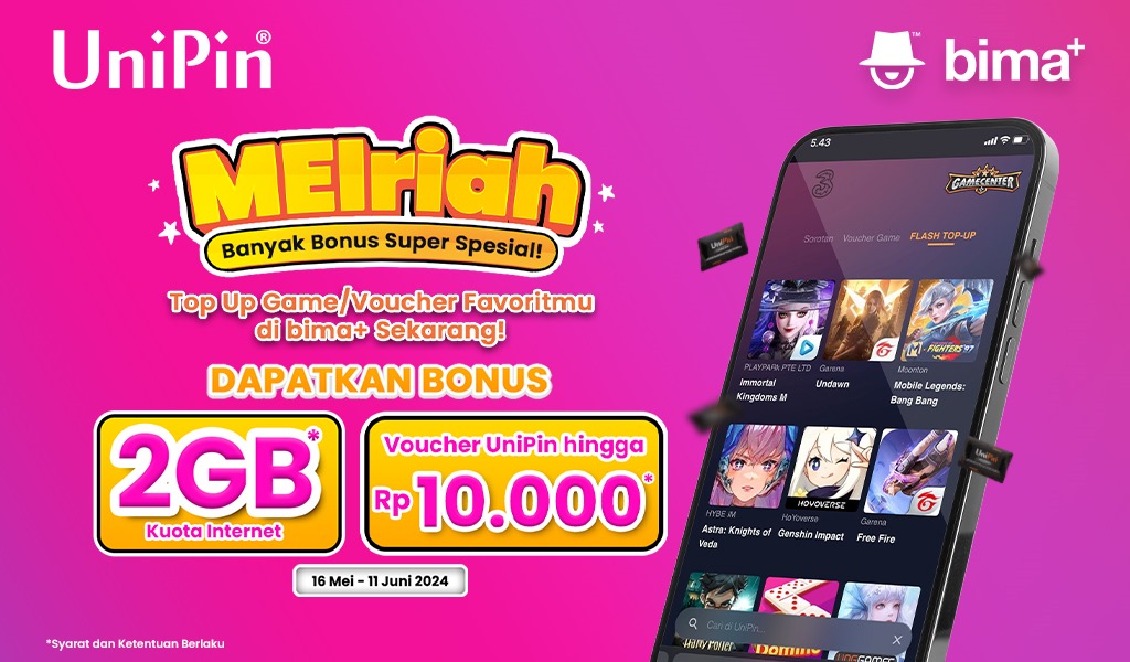 Ayo berburu promo super MEIriah dengan banyak bonus kuota dan Voucher UniPin! Buruan top up game/voucher favoritmu dari aplikasi bima+ sekarang juga! unipin.com/ID/article/ban…