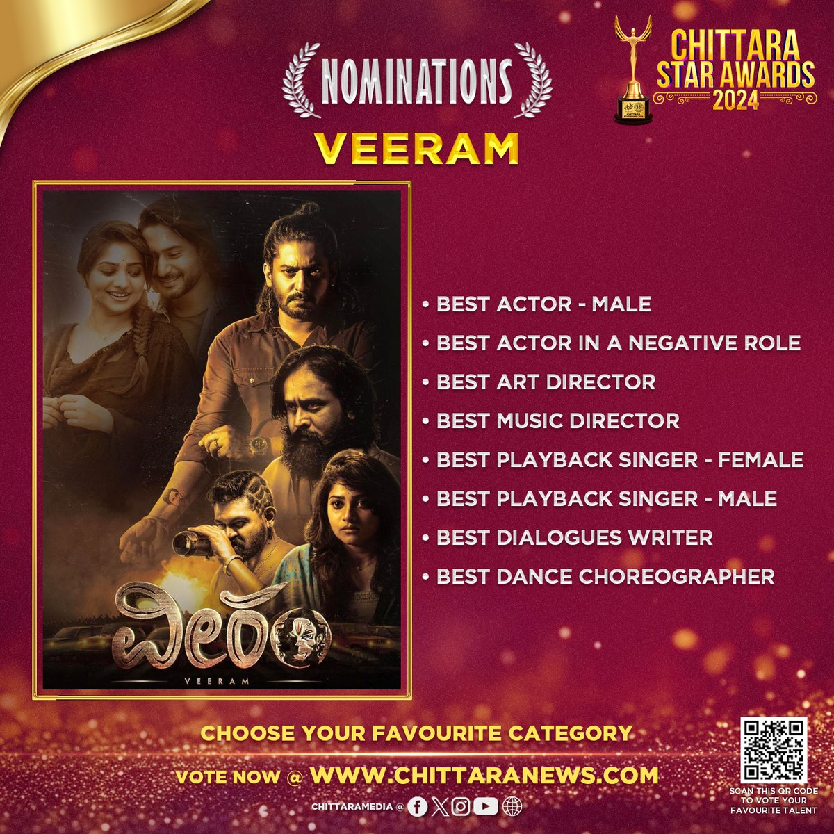 #Veeram 8 Nominations at #ChittaraStarAwards2024 Global Voting is Now Live : awards.chittaranews.com/poll/780/ Vote now and show your love for Team #Veeram #ChittaraStarAwards2024 #CSA2024