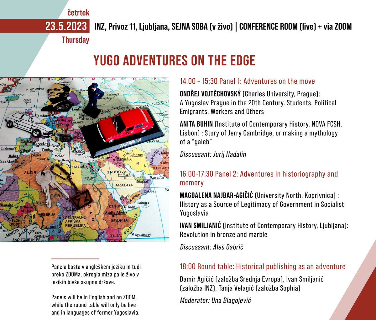 Fancy an adventure? Join the Yugo adventures on the edge!  Don't miss History on the edge festival.  On Thursday 23 May, starting at 14.00, come to INZ or follow us on Zoom (link: inz.si/en/Events/Yugo…). 
<a href="/inz_lj/">Inštitut za novejšo zgodovino</a> <a href="/ZrcSazu/">ZRC SAZU</a> @OddzgodovinaLJ <a href="/HumanitiesKoper/">UP FHŠ</a>
