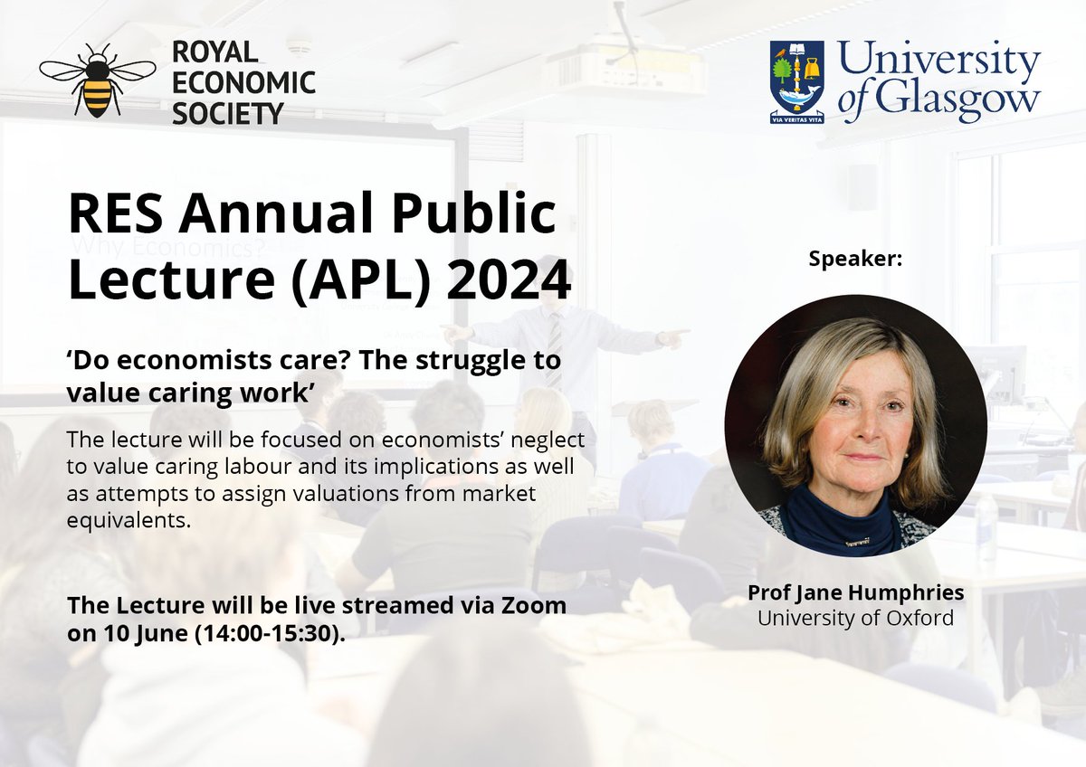 🗣️Our 2024 Annual Public Lecture (APL) hosted by @UofGlasgow will be held on Monday 10 June and live-streamed via Zoom from 14:00-15:30. Book a virtual ticket today!👉bit.ly/3U5Tgln #APL2024 #RESAPL #RESevents #EconTwitter