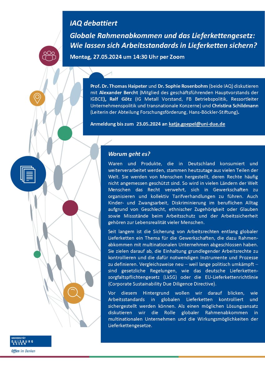 ⏰Bald ist es soweit: Die nächste Ausgabe unserer Reihe 'IAQ debattiert' @iaq_due @unidue findet am Montag 27.5. um 14:30 Uhr via Zoom statt. Jetzt anmelden und mitdiskutieren! @boeckler_de @igbce @IGMetall