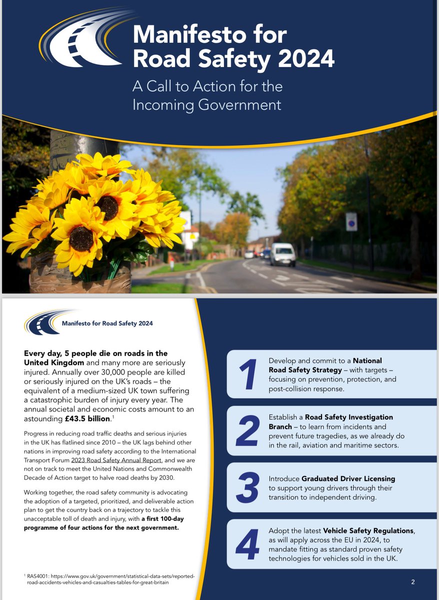 Pleased to strongly support <a href="/PACTS/">PACTS</a> Manifesto for Road Safety 2024. Proposes 4 key priorities for action for the next Government to revitalise stalled progress in reducing UK 30,000 annual deaths &amp; serious injuries on our roads. pacts.org.uk/manifesto-for-…