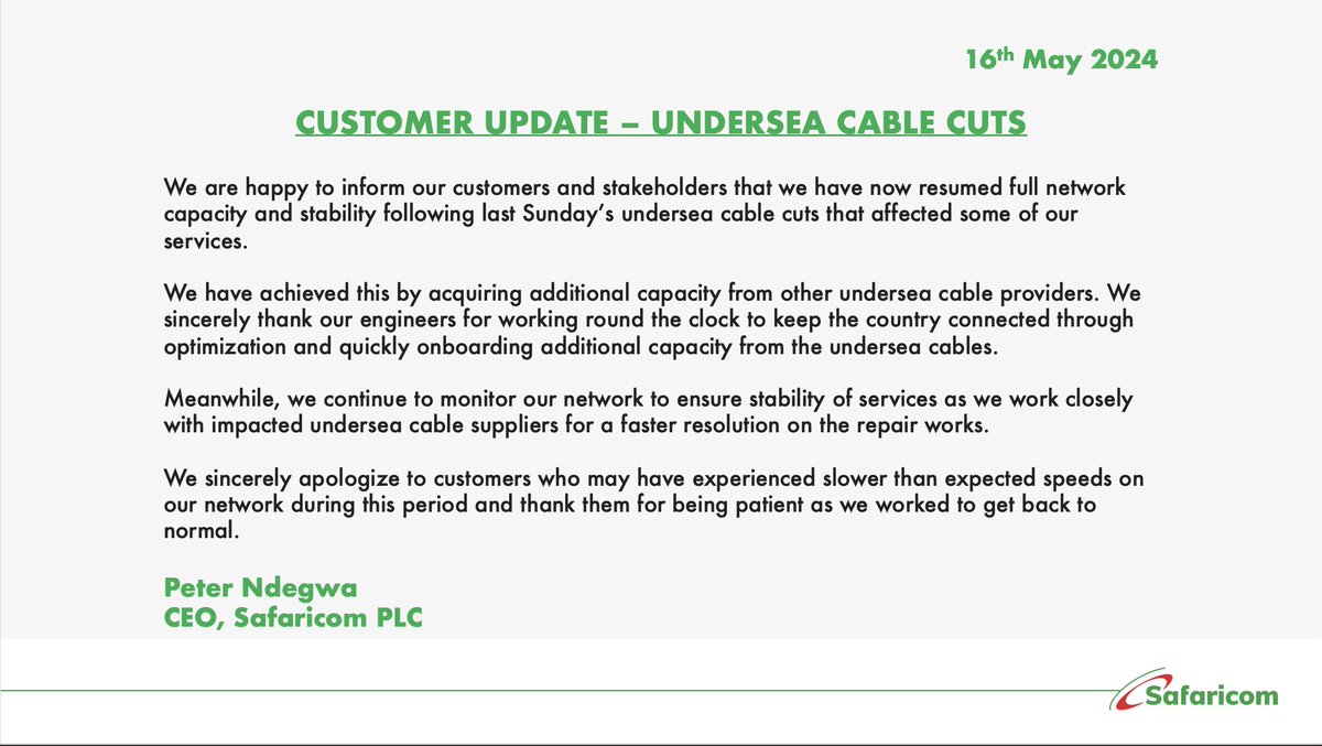 Update on the undersea cable cut.