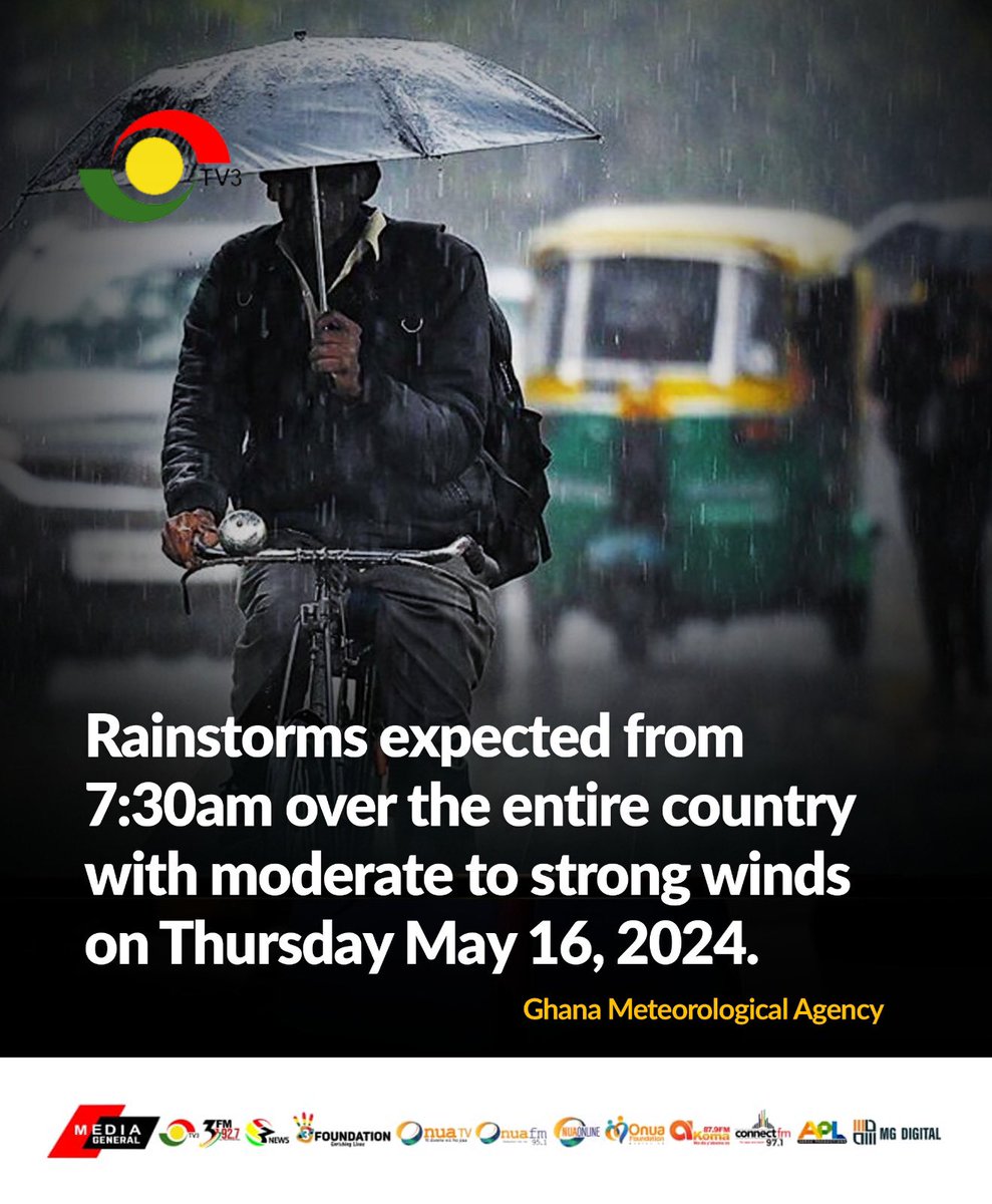 Get an umbrella and brace up for a rainstorm expected today as called by the Ghana Meteorological Agency.

#TV3GH