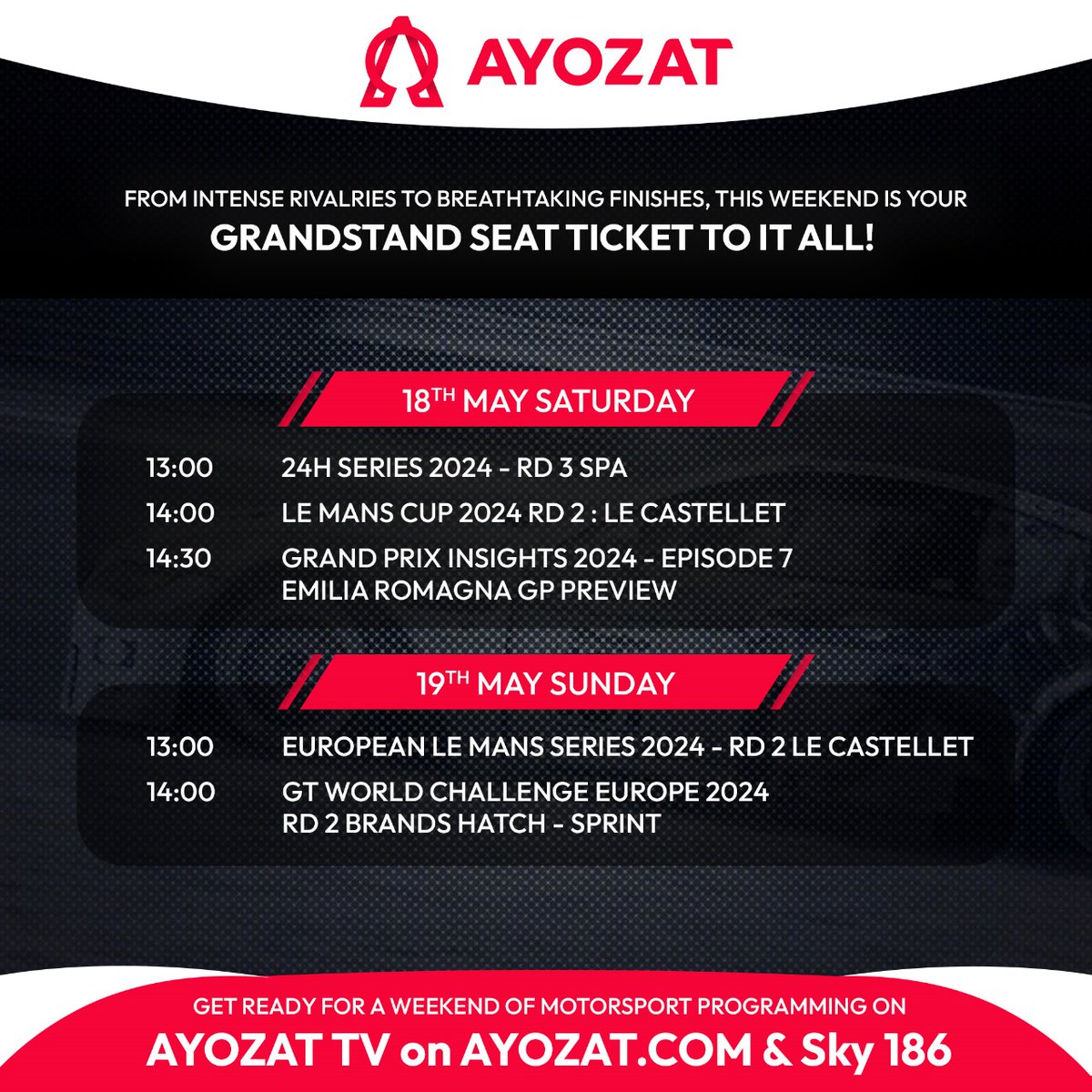 Check out our motorsport lineup starting from 1pm on AYOZAT TV at Sky 186 and ayozat.com! From high-speed races to thrilling showdowns, we've got your weekend covered with non-stop action! Don't miss a single lap!
#motorsport #cars #racing #action #weekendracing