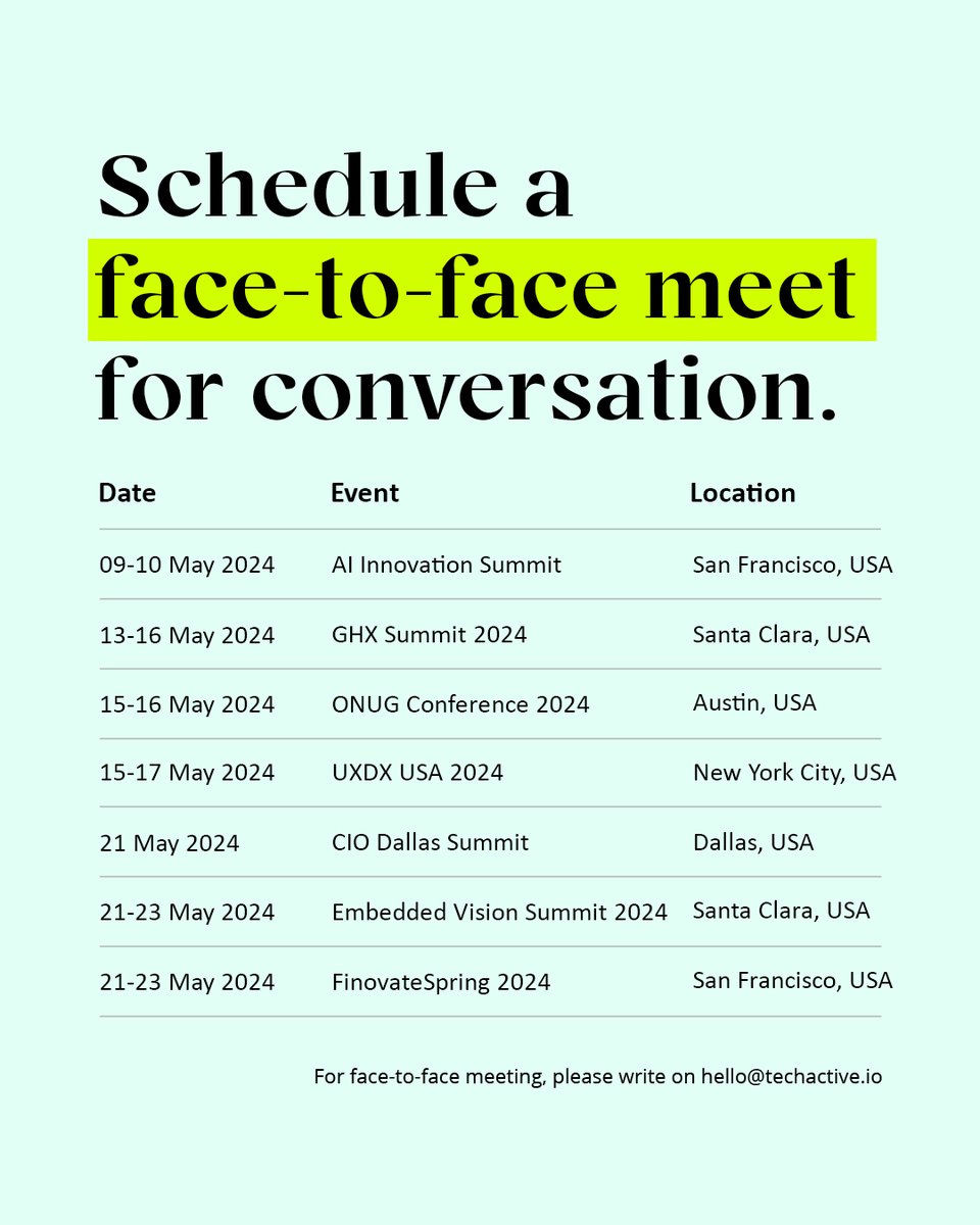 techactive's tweet image. Its time to connect! Catch us at any of these events lined up for May. Message us now to schedule a meet.
.
.
#techactive #conference #meetup #business #networking #global #talk #connect #messageus #interview #summit #futuretech #nextgen