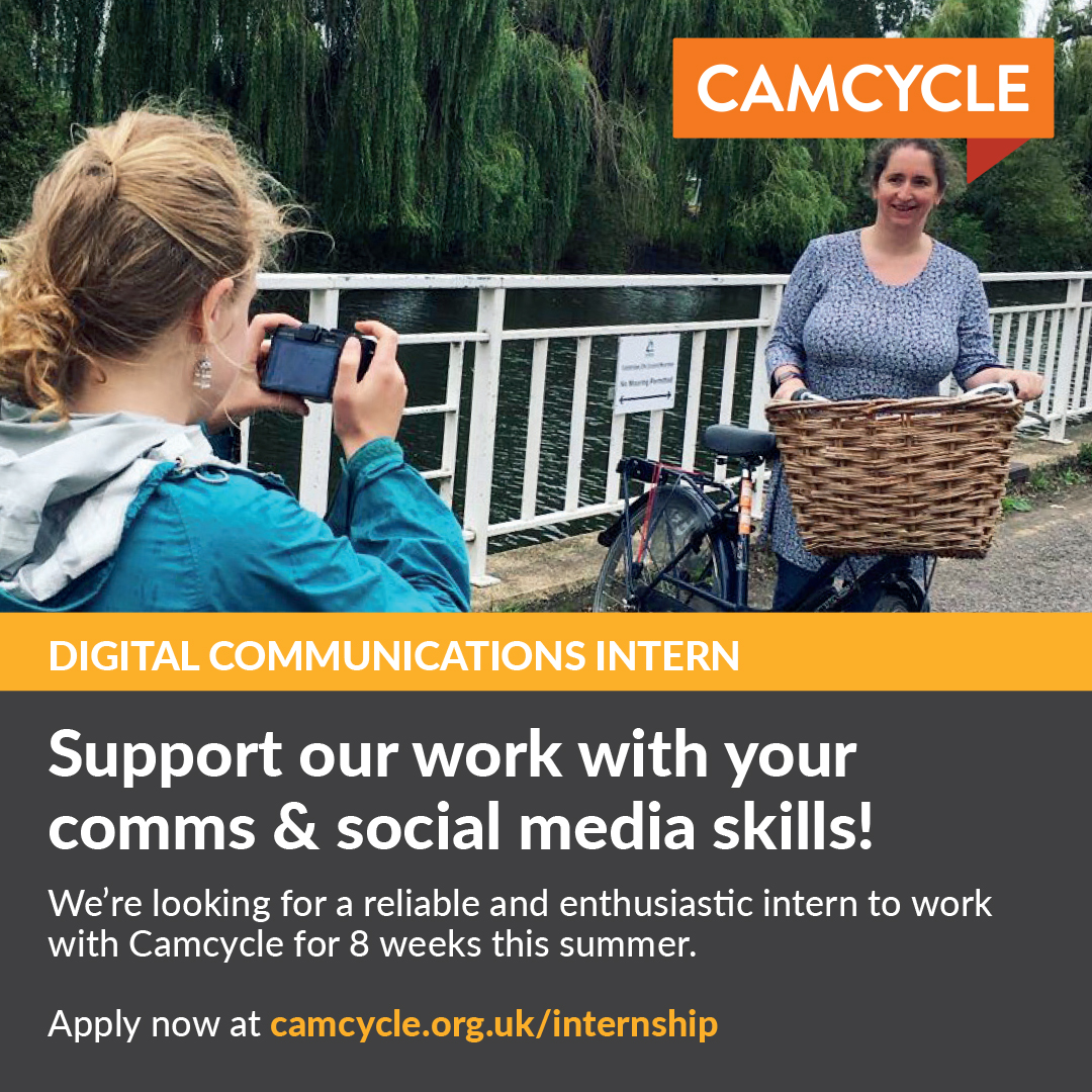 📣 EXCITING NEWS! 📣

Camcycle is seeking a new paid intern for Summer 2024. You'll be a social media and communications superstar in the making, keen to make a difference to communities across Cambridgeshire.

Applications close on 29 May; don't miss out!
camcycle.org.uk/internship