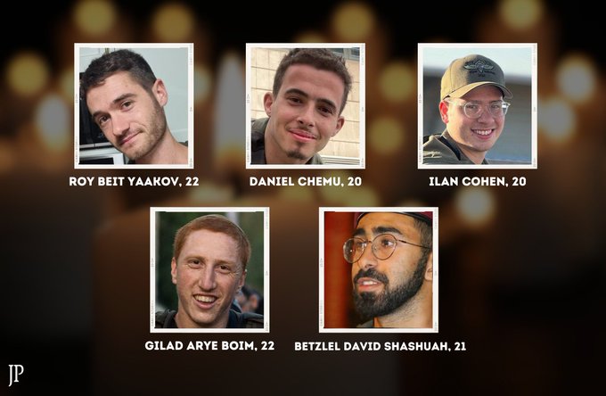 From L-R: Sgt. Roy Beit Yaakov, Sgt. Daniel Chemu, Sgt. Ilan Cohen, St.-Sgt. Gilad Arye Boim, and St.-Sgt. Betzlel David Shashuah, who were killed in a friendly fire incident in Gaza, May 16, 2024. (photo credit: IDF Spokesperson's Unit/D-Keine/Getty Images/via Canva)