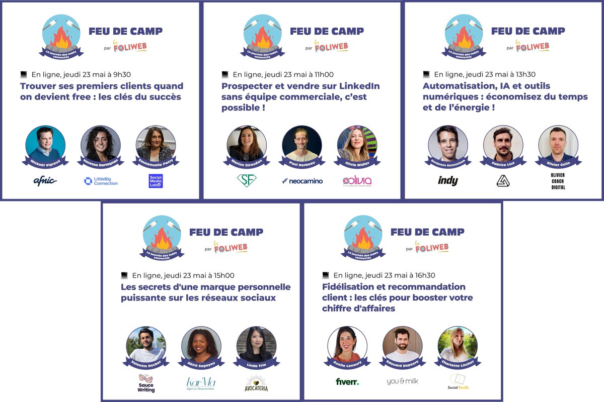 Le Feu de camp des Foliweb revient le 23 mai !🔥

5 webinaires 100% gratuits dédiés aux indépendants et aux freelances.

Les intervenants partageront leurs expériences et vous aideront à faire décoller votre activité !

Pour vous inscrire, par ici. ➡️url-r.fr/dTPOD