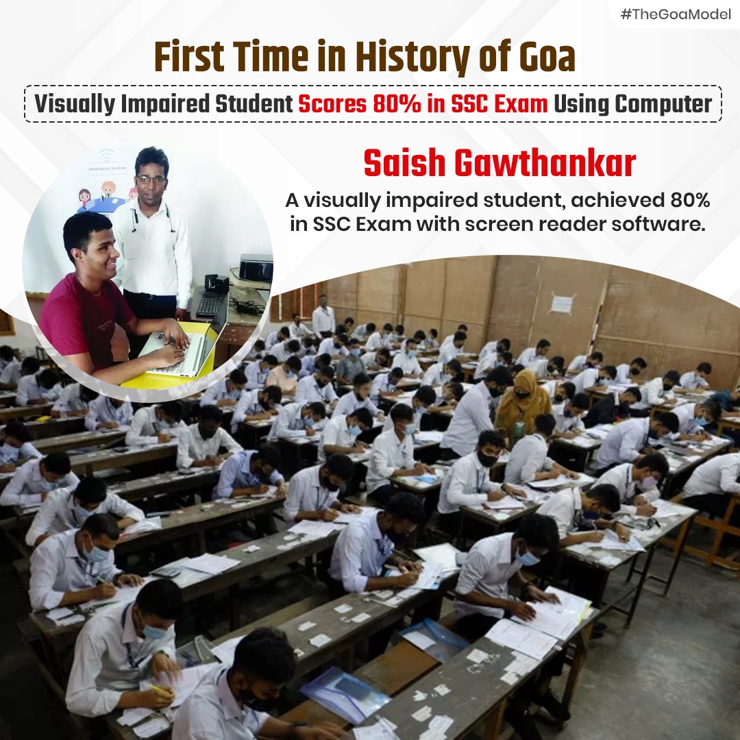 History made in Goa as Saish Gawthankar, a visually impaired student, scores 80% in SSC Exam using screen reader software, a first in Goa's history! A testament to determination and accessibility in education. #TheGoaModel #Achievements #SaishGawthankar #InspiringAchievement