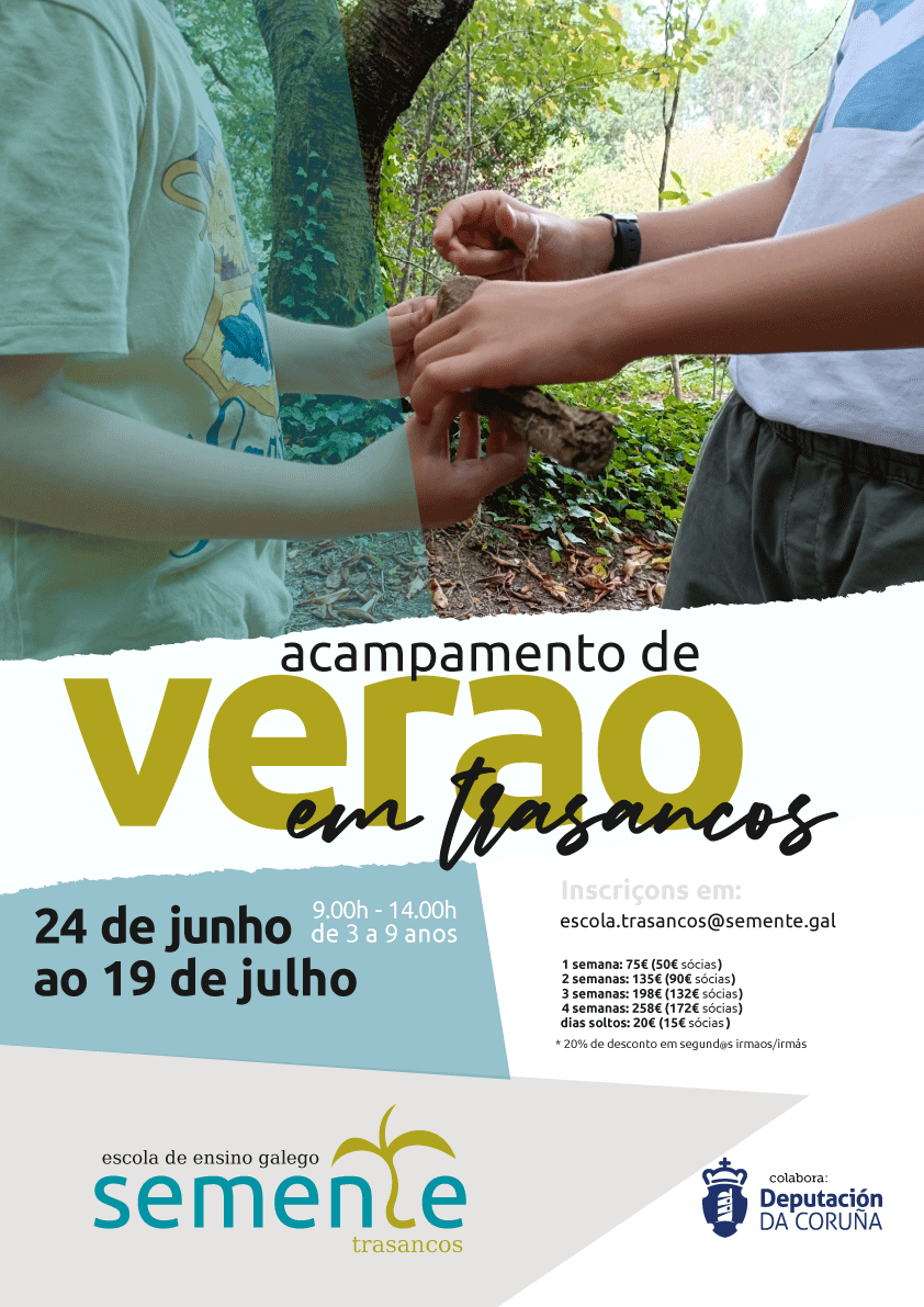 🌞 Acampamento de verao na Semente Trasancos 🌞

Já temos datas para o acampamento deste verao ☀️ 

Tes todos os dados no cartaz, mas se queres mais informaçom podes contactar em 👇

📧 escola.trasancos@semente.gal