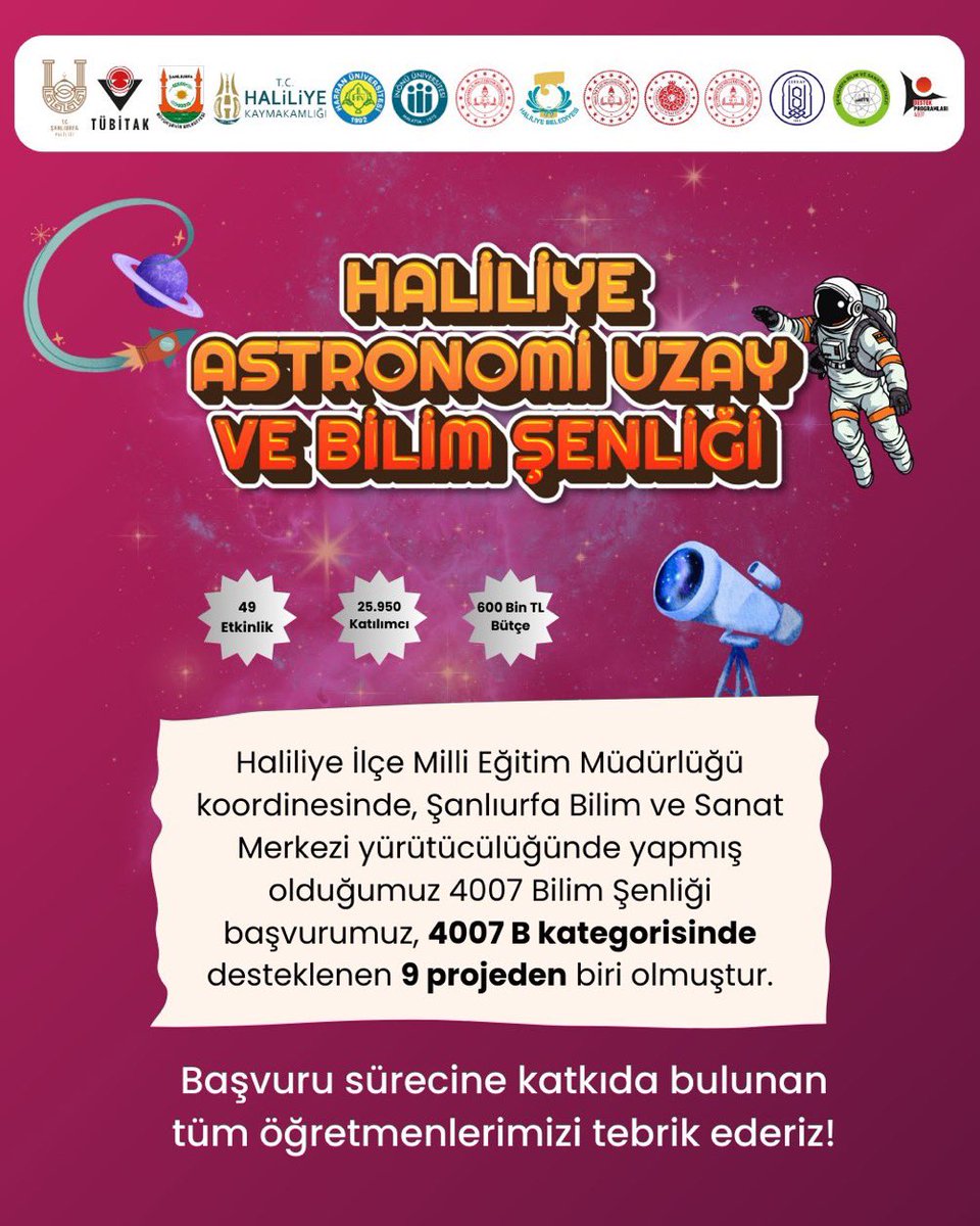 4007 Tübitak Bilim Şenliği başvurumuz ülke genelinde kabul edilen 9 projeden biri olmuştur. 49 etkinliğin yapılacağı Şenlik ilçemize ve ilimize hayırlı olsun.
Başvuru sürecine katkı sağlayan tüm kurum ve kuruluşlara teşekkür ediyorum.

#HaliliyeAstronomiUzayBilimŞenliği
