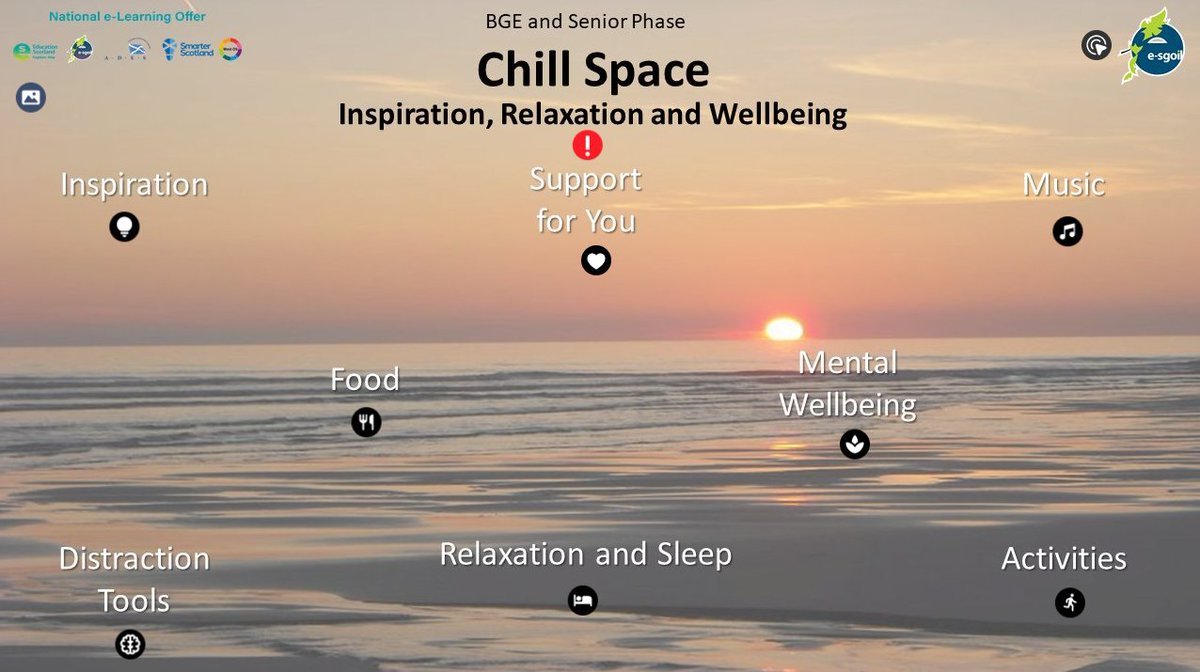 Our Health & Wellbeing Chill Space provides resources for inspiration, relaxation and wellbeing and is suitable for learners in BGE secondary and senior phase. Take a look here: thinglink.com/card/167952112… #MentalHealthAwarenessWeek