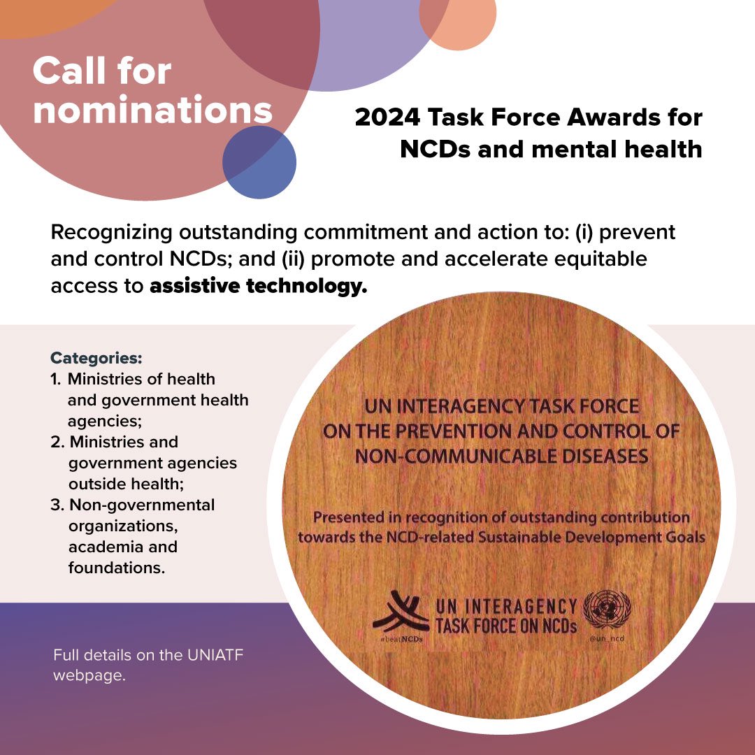 We were asked to extend the time limit for 2024 @un_ncd awards 🏆 nominations as there are many candidates willing to apply.   ⏰ New deadline is 10 June!!!   These Awards will recognize achievements on multisectoral action in prevention and control of #NCDs, #mentalhealth and