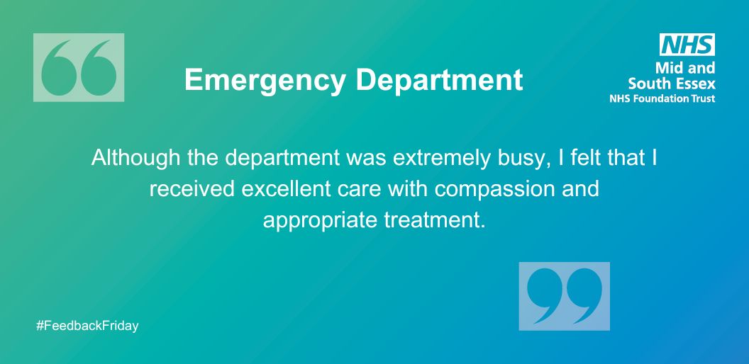It's that time of the week again, #FeedbackFriday. This week, we would like to share some wonderful #feedback for the Emergency Department at BasildonHospital. Well done to all of the team involved. 👏@MSEHospitals @EmmaSweeney1978 #PatientExperience
