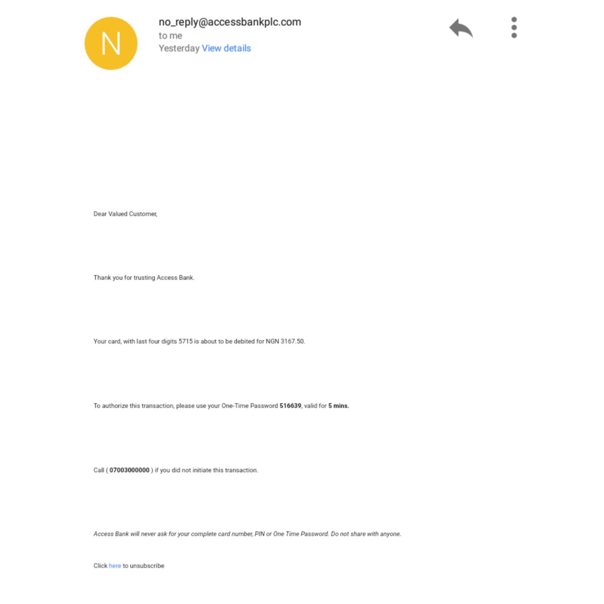 JoshuaBamise's tweet photo. @myaccessbank Good morning, My name is Bamise, I received this E-mail yesterday but I didn't have an active account with you and my email is not linked with any account. Please help me check this and investigate whoever is using my email for dubious transaction. https://t.co/8qFT2bgvcC