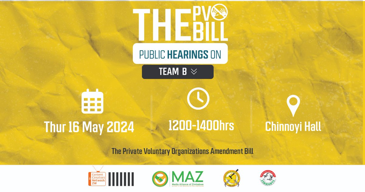 Follow live proceedings of the PVO Bill public hearings from Masvingo Civic Centre and Chinhoyi Hall from 12 to 2 PM on @OpenParlyZw #StopThePVOBill