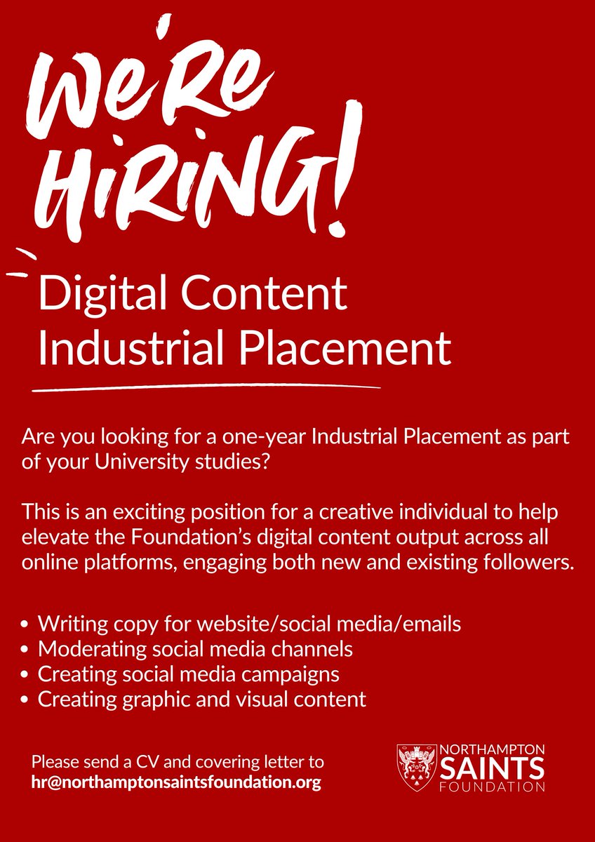 A super creative role with lots of variety for you to showcase your skills but also expand your knowledge.

For more information. please visit northamptonsaintsfoundation.org/vacancy/digita…