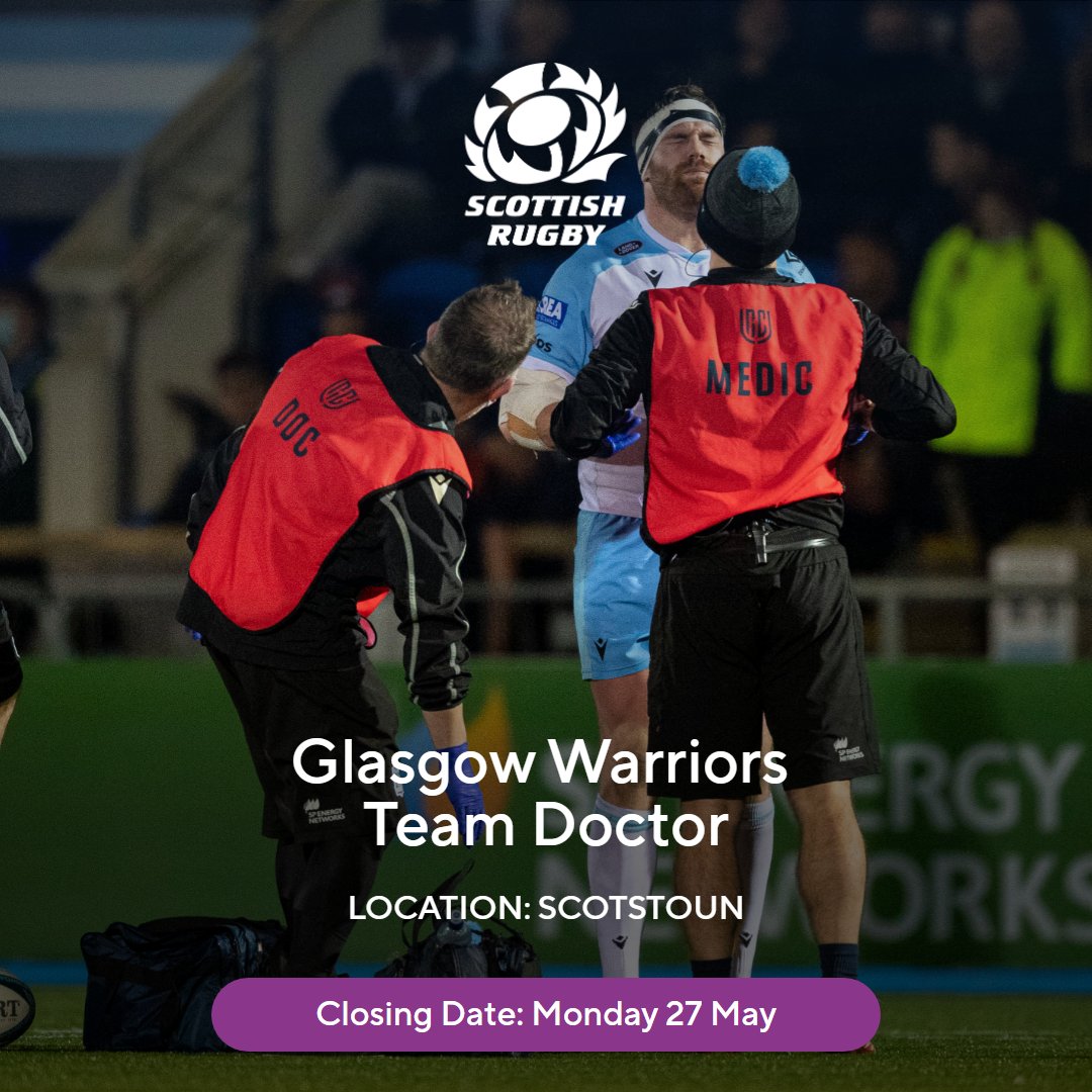 Scottish Rugby (@scotlandteam) on Twitter photo ⚔️🛡 <a href="/GlasgowWarriors/">Glasgow Warriors</a> are looking for a Sports Medicine Doctor to become their next Team Doctor.
Find out more and apply: lnkd.in/dFqrfpN5 ⚔️🛡 <a href="/GlasgowWarriors/">Glasgow Warriors</a> are looking for a Sports Medicine Doctor to become their next Team Doctor.
Find out more and apply: lnkd.in/dFqrfpN5