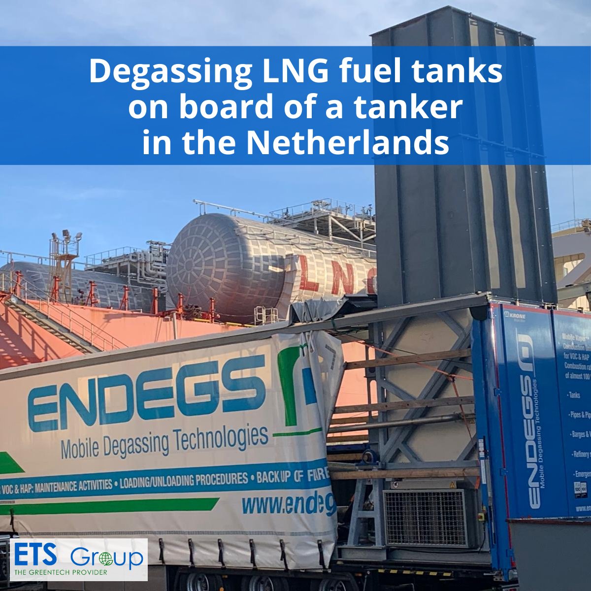 Endegs_int's tweet image. In the Netherlands, we have recently carried out the degassing of LNG fuel tanks on board of a tanker. For this project, we have deployed a mobile vapor combustion unit with 10 MW combustion capacity as well as our mobile nitrogen vaporizer. #emissiontreatment #mobiledegassing