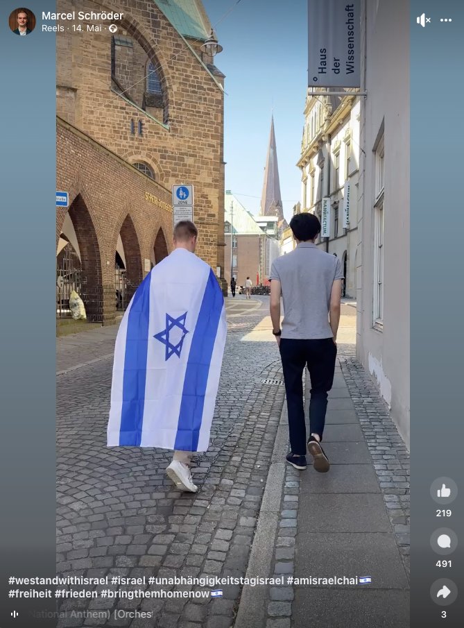 Man beachte die Anzahl der Kommentare. Was sich insbesondere auf Facebook alles für antisemitischer Dreck ablädt, wenn man postet, wie man anlässlich Israels Unabhängigkeitstag einfach nur friedlich mit einer Flagge über den Marktplatz läuft, ist schon krass.